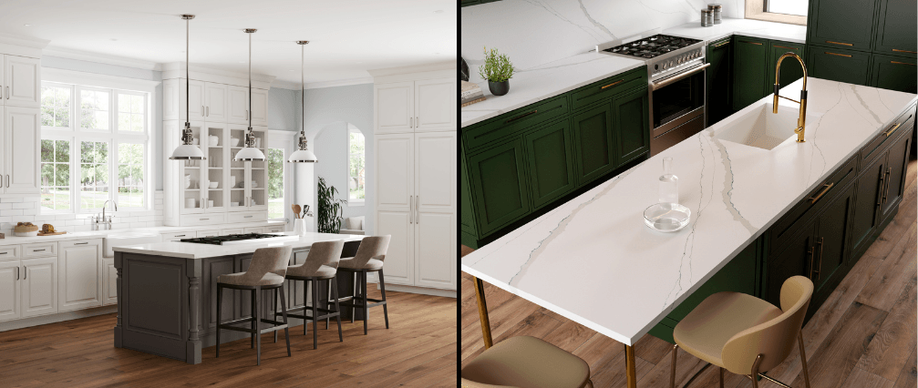 Split image of Bellmont Cabinet Co. white kitchen cabinets and LX Hausys white marble kitchen countertop